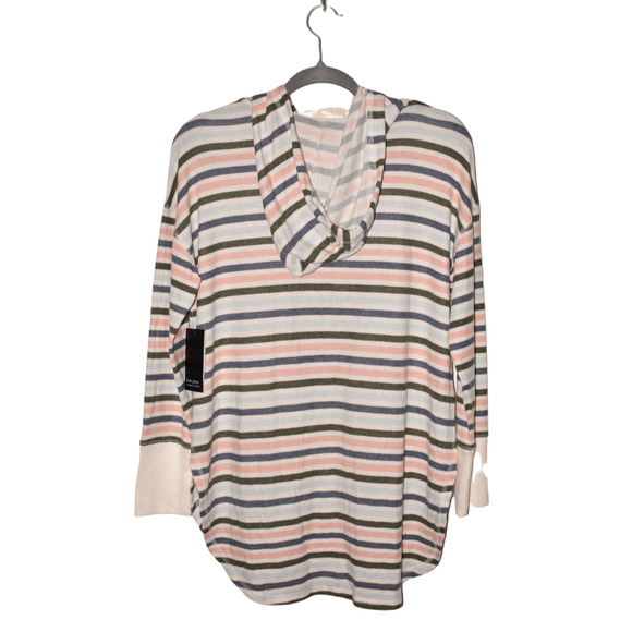 FREE PRESS NEW $30 Long Sleeve Hooded Sleep Shirt Blue Multi Stripe Small - Picture 2 of 3